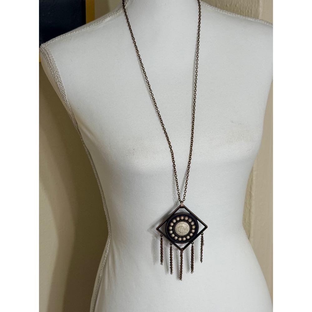 Boho Antique Copper Geometric Tassel Necklace Faux Crackle Stone Long Pendant